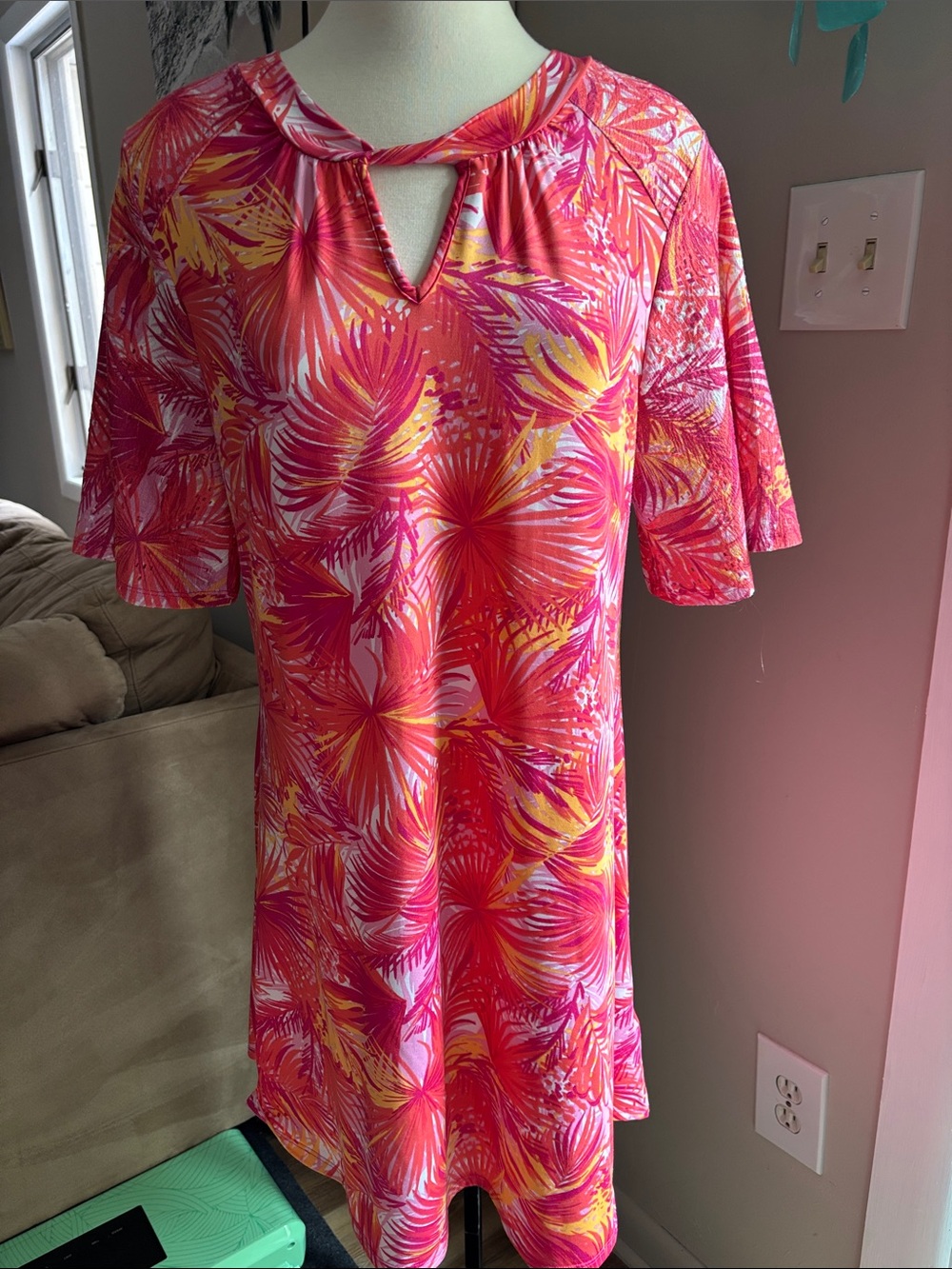 Ruby Rd. Pink and Yellow Tropical Keyhole Shift Dress